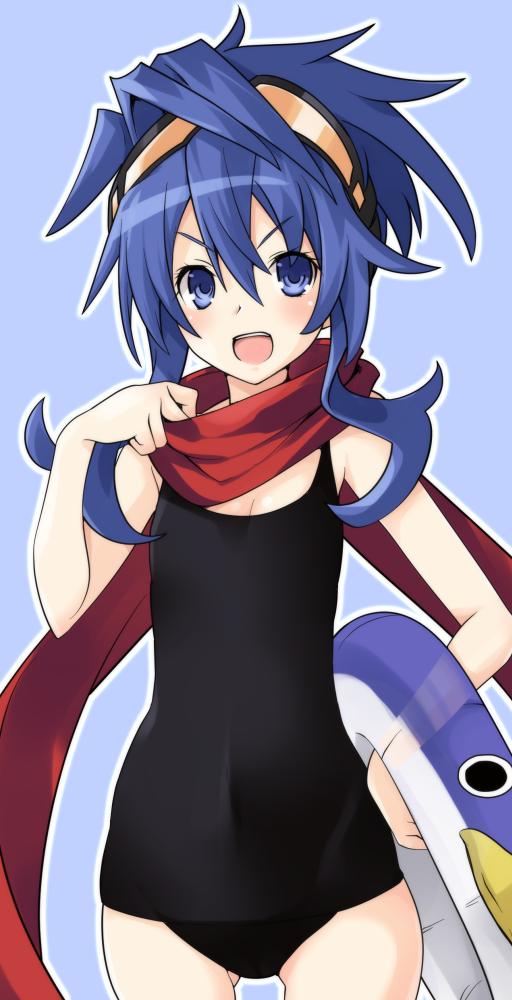 1girl adjusting_clothes black_swimsuit blue_eyes blue_hair blush eyebrows_visible_through_hair flat_chest goggles goggles_on_head innertube iwasi-r looking_at_viewer neptune_(series) nippon_ichi_(neptune_series) one-piece_swimsuit open_mouth red_scarf scarf short_hair_with_long_locks solo standing swimsuit