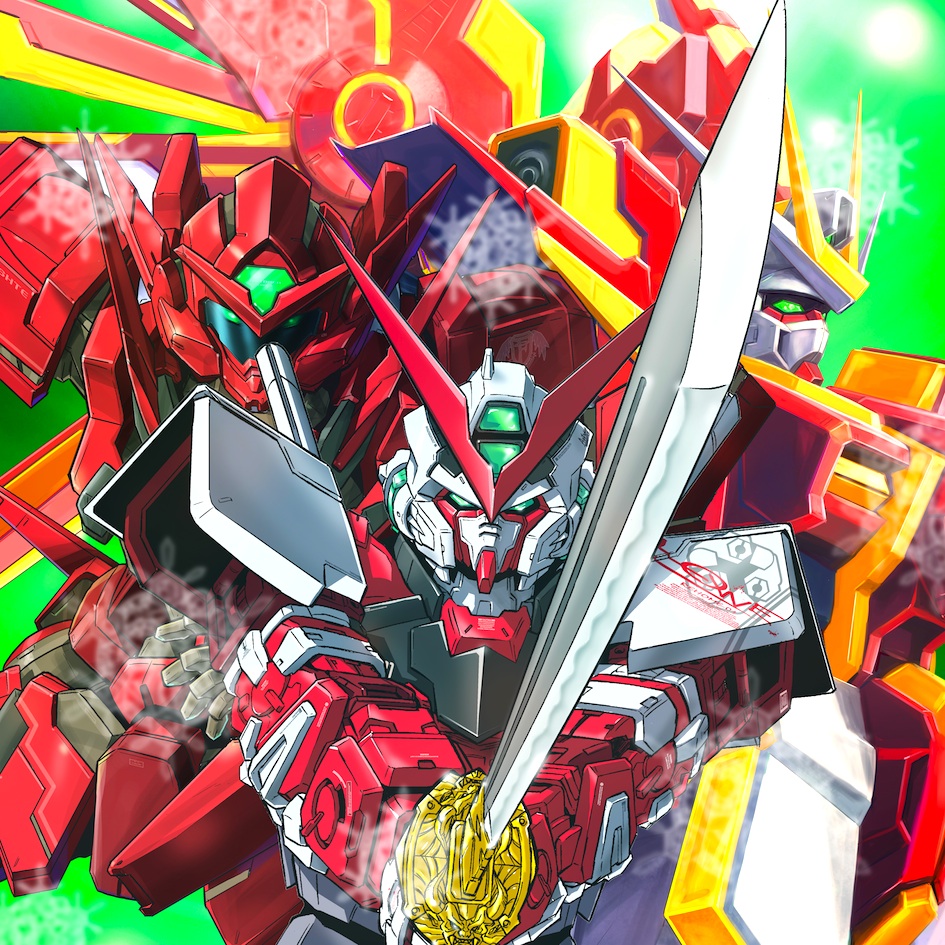 extreme_gundam_type_leos_agios_phase green_eyes gundam gundam_00 gundam_00f gundam_astraea_type-f gundam_astray_red_frame gundam_exa gundam_seed gundam_seed_astray gundam_seed_destiny holding holding_sword holding_weapon katana looking_ahead mecha mecha_request mechanical_wings mobile_suit no_humans science_fiction sword tokita_kouichi v-fin weapon wings