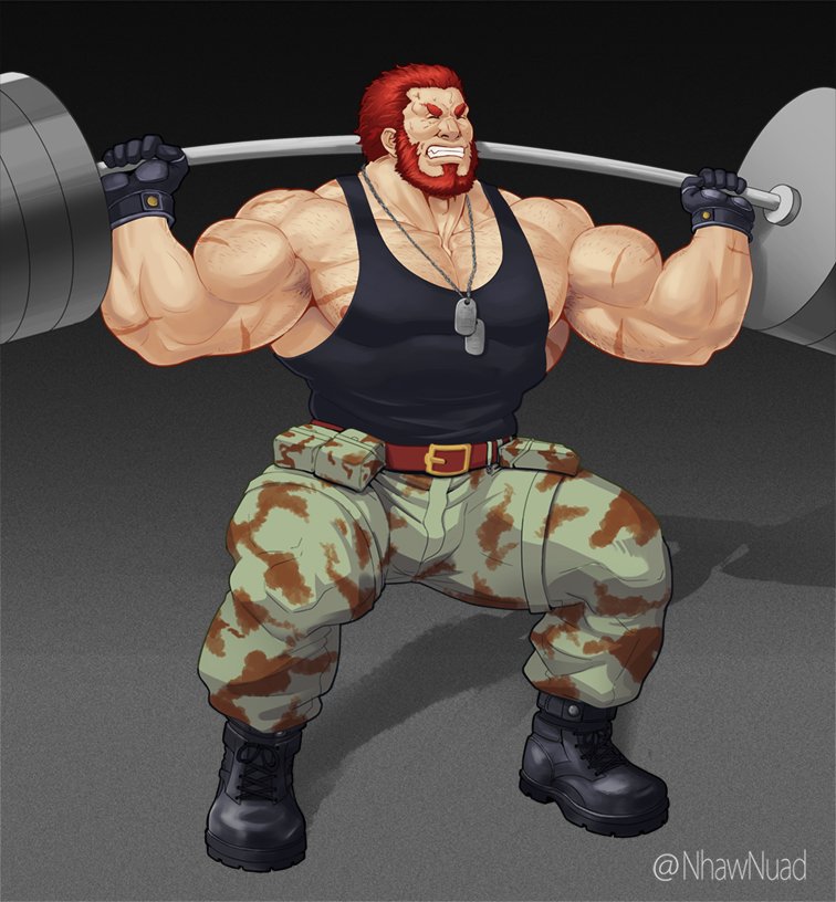 1boy bara beard belt body_hair chest closed_eyes facial_hair fate/grand_order fate_(series) gymnastics jewelry male_focus muscle necklace nhawnuad nipple_slip nipples pants pectorals redhead rider_(fate/zero) scar shoes simple_background solo tank_top