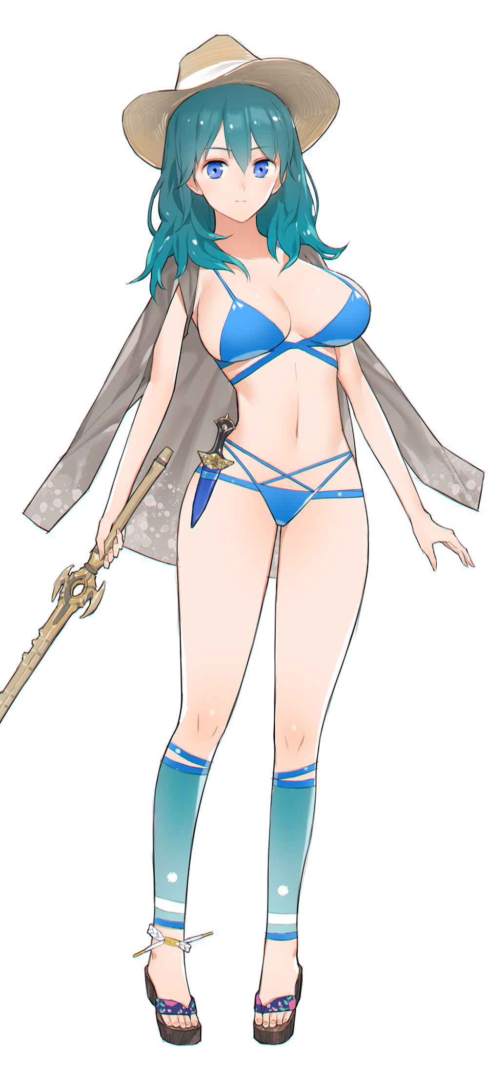 1girl bikini blue_eyes blue_hair blue_swimsuit breasts byleth_(fire_emblem) byleth_eisner_(female) dagger fire_emblem fire_emblem:_three_houses full_body hat highres holding holding_sword holding_weapon large_breasts medium_hair neee-t sandals sheath sheathed simple_background solo swimsuit sword weapon white_background
