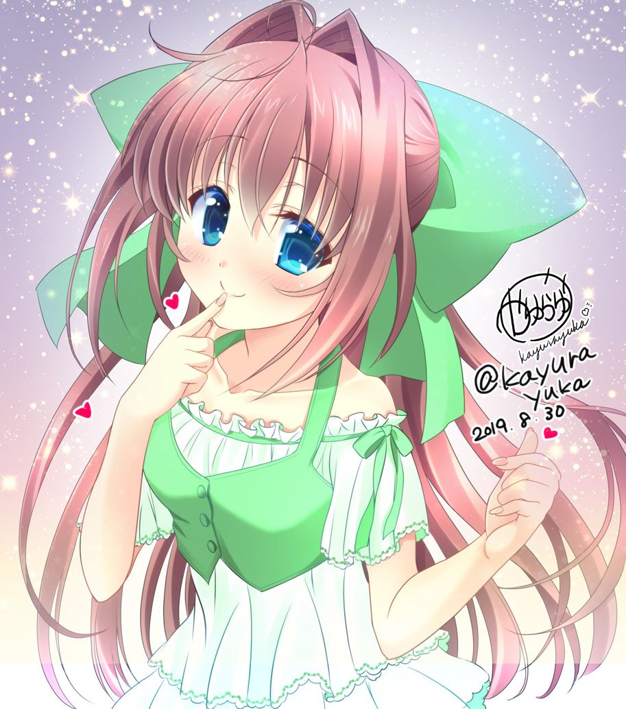 1girl artist_name asakura_otome bare_shoulders blue_eyes blush bow breasts brown_hair collarbone commentary_request da_capo da_capo_ii dress eyebrows_visible_through_hair finger_to_mouth green_blow green_vest hair_between_eyes hair_bow heart kayura_yuka long_hair looking_at_viewer signature small_breasts smile solo vest white_dress