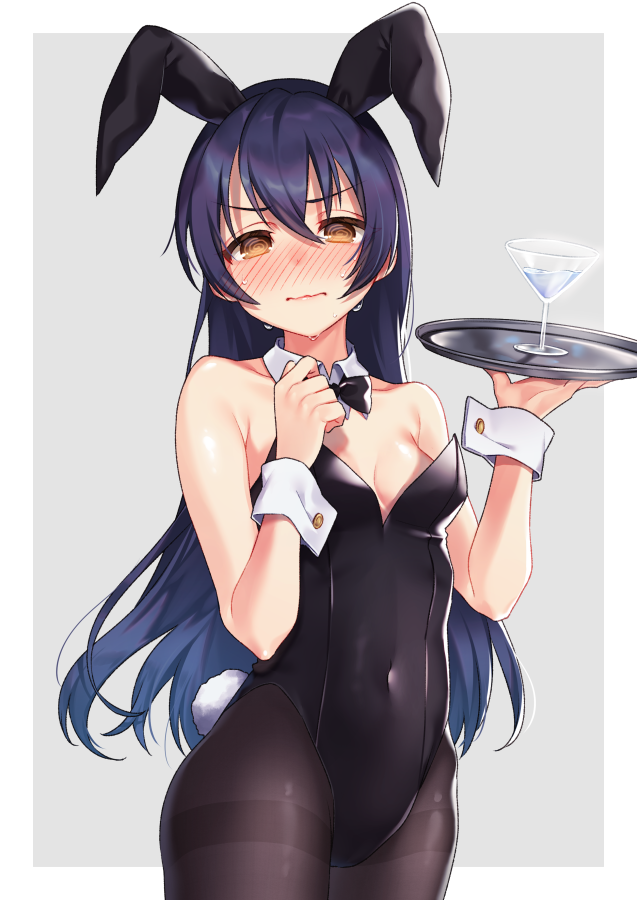 1girl 3: @_@ animal_ears bare_shoulders black_legwear black_leotard black_neckwear blue_hair blush bow bowtie breasts brown_eyes bunny_tail bunnysuit closed_mouth collarbone covered_navel cowboy_shot cup detached_collar drink drinking_glass embarrassed fake_animal_ears fake_tail hair_between_eyes hands_up holding holding_tray leotard long_hair looking_at_viewer love_live! love_live!_school_idol_project medium_breasts moyui_(myi_005) nose_blush pantyhose rabbit_ears solo sonoda_umi sweat tail thighband_pantyhose tray two-tone_background v-shaped_eyebrows wine_glass wrist_cuffs