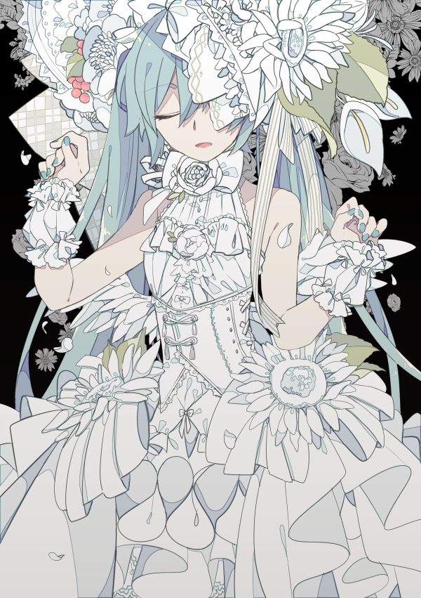 1girl aqua_hair aqua_neckwear bangs bare_shoulders black_background bow bowtie closed_eyes commentary cowboy_shot dress flower frilled_bow frilled_skirt frilled_wrist_cuffs frills hair_bow hair_flower hair_ornament hands_up hatsune_miku lily_(flower) long_hair nail_polish neck_ribbon one_eye_covered parted_bangs petals ribbon scrunchie skirt solo standing sunflower twintails very_long_hair vocaloid white_bow white_dress white_flower white_ribbon wrist_scrunchie yoshiki