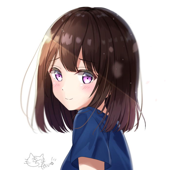 1girl bangs blue_shirt blush brown_hair character_request commentary_request eyebrows_visible_through_hair from_side kichi_(kichifav) looking_at_viewer medium_hair shirt signature simple_background smile solo takunomi. violet_eyes
