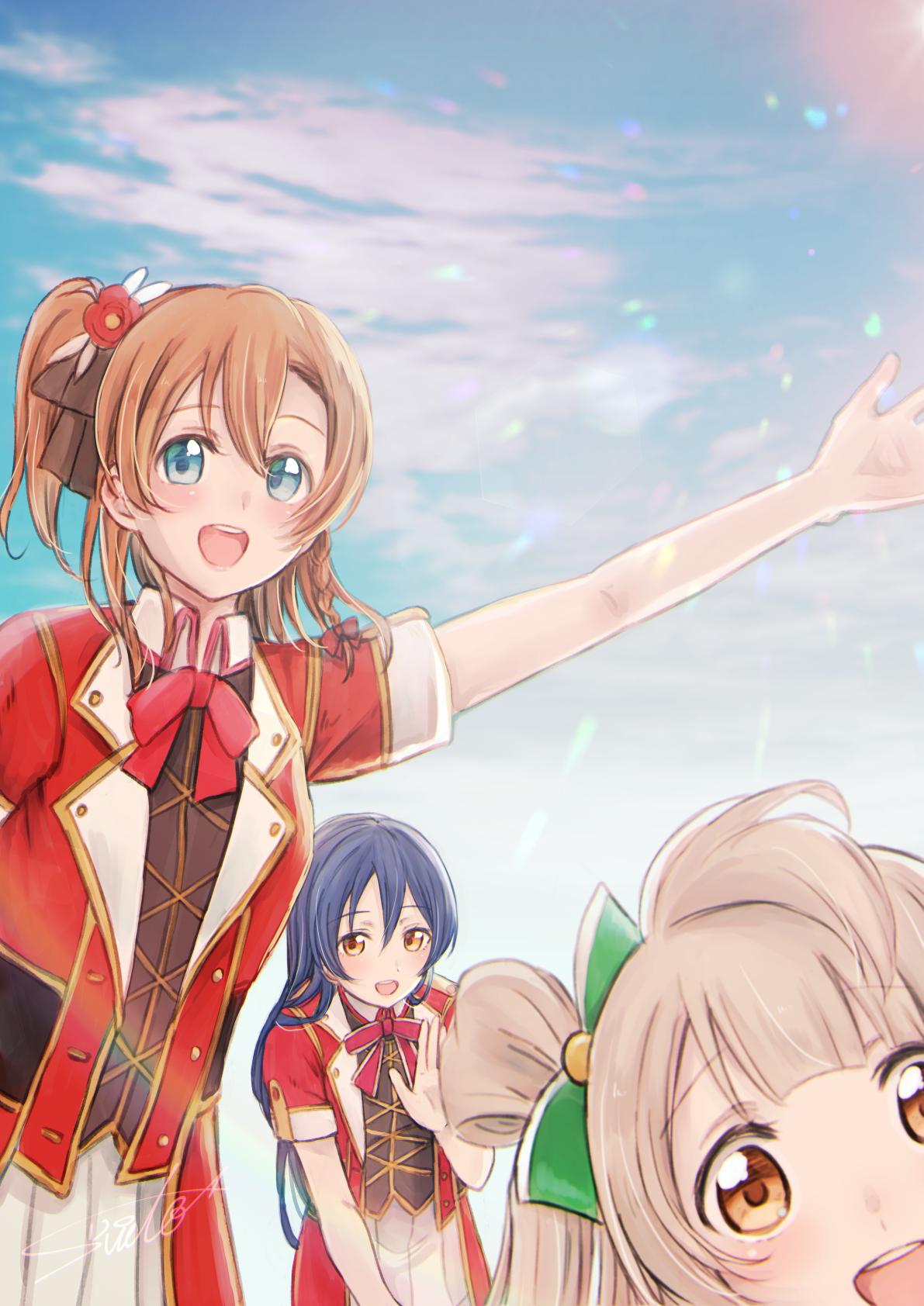 3girls arm_up bangs blue_eyes blue_hair blush bokura_no_live_kimi_to_no_life bow braid commentary_request eyebrows_visible_through_hair grey_hair hair_between_eyes hair_bow hair_ornament hand_up highres kousaka_honoka long_hair looking_at_viewer love_live! love_live!_school_idol_festival love_live!_school_idol_project minami_kotori multiple_girls one_side_up open_mouth orange_hair short_sleeves smile sonoda_umi standing suito waving yellow_eyes