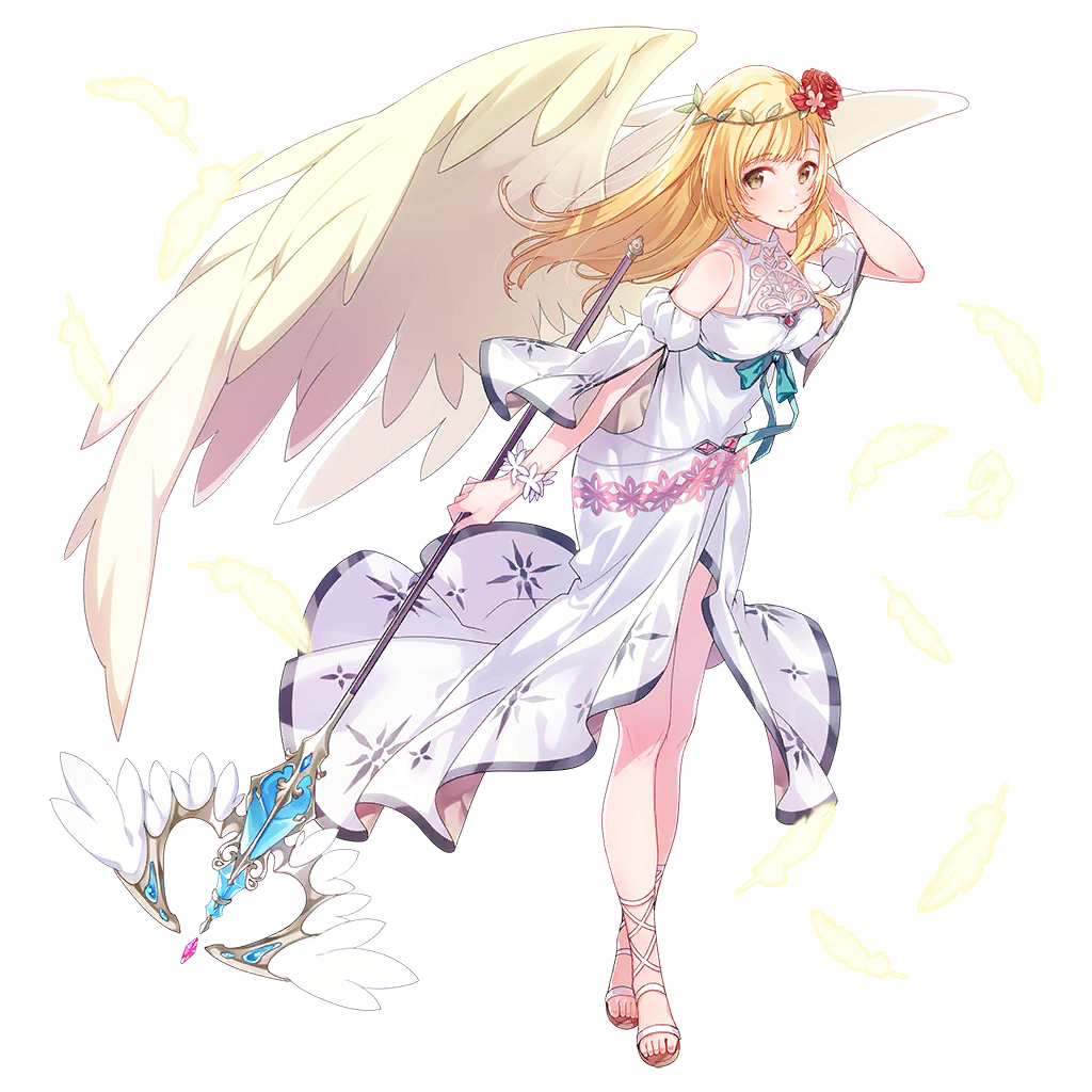1girl blonde_hair bow circlet dress eris_jerand feathered_wings feathers flower full_body hair_flower hair_ornament leaf long_hair official_art sandals solo staff star_ocean star_ocean_anamnesis star_ocean_first_departure transparent_background wings yellow_eyes