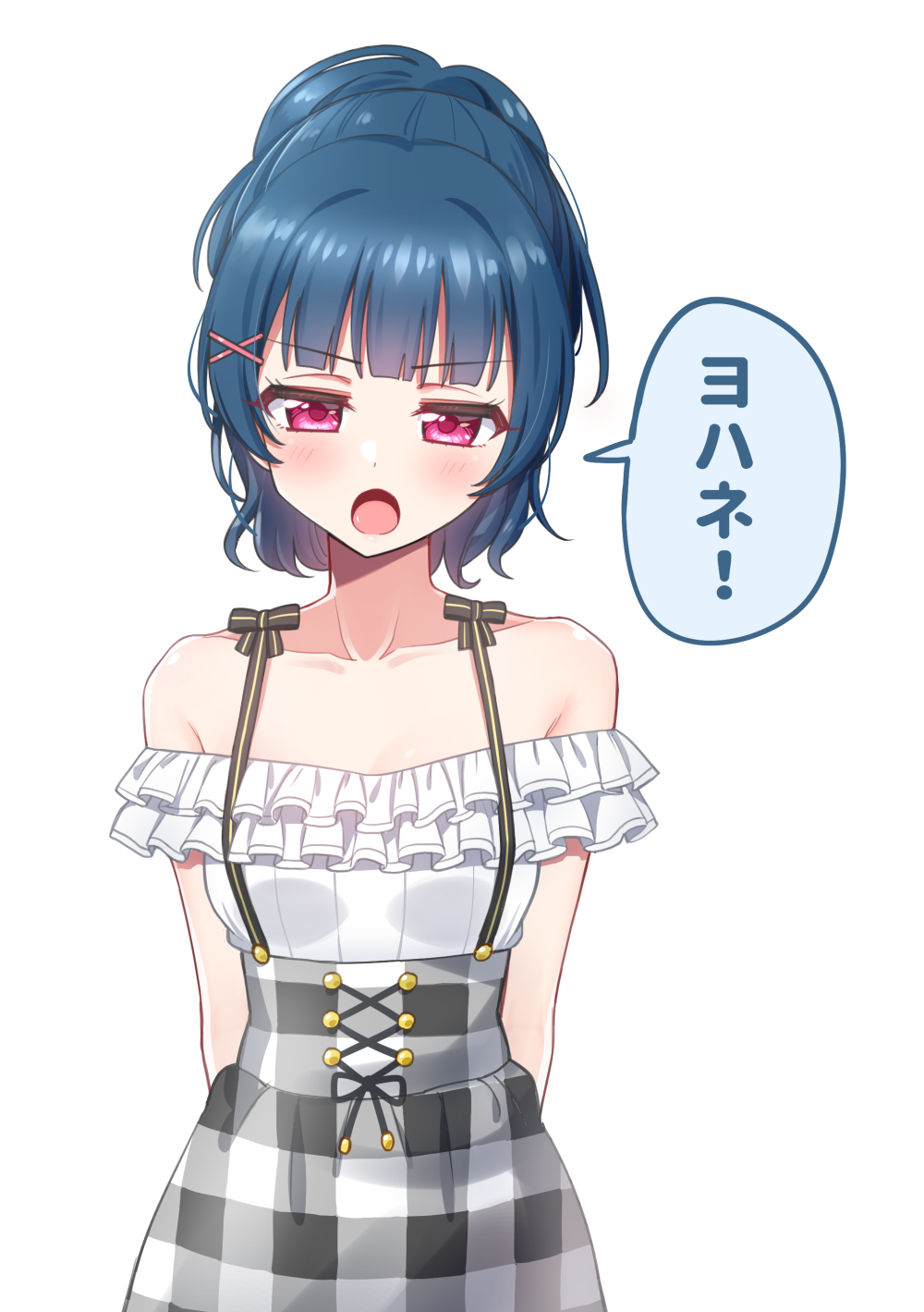 1girl :o bangs blue_hair blunt_bangs blush deadnooodles eyebrows_visible_through_hair grey_skirt hair_ornament high-waist_skirt highres looking_at_viewer love_live! love_live!_sunshine!! off-shoulder_shirt off_shoulder open_mouth plaid plaid_skirt ponytail red_eyes shirt short_hair simple_background skirt solo translated tsushima_yoshiko v-shaped_eyebrows white_background white_shirt x_hair_ornament