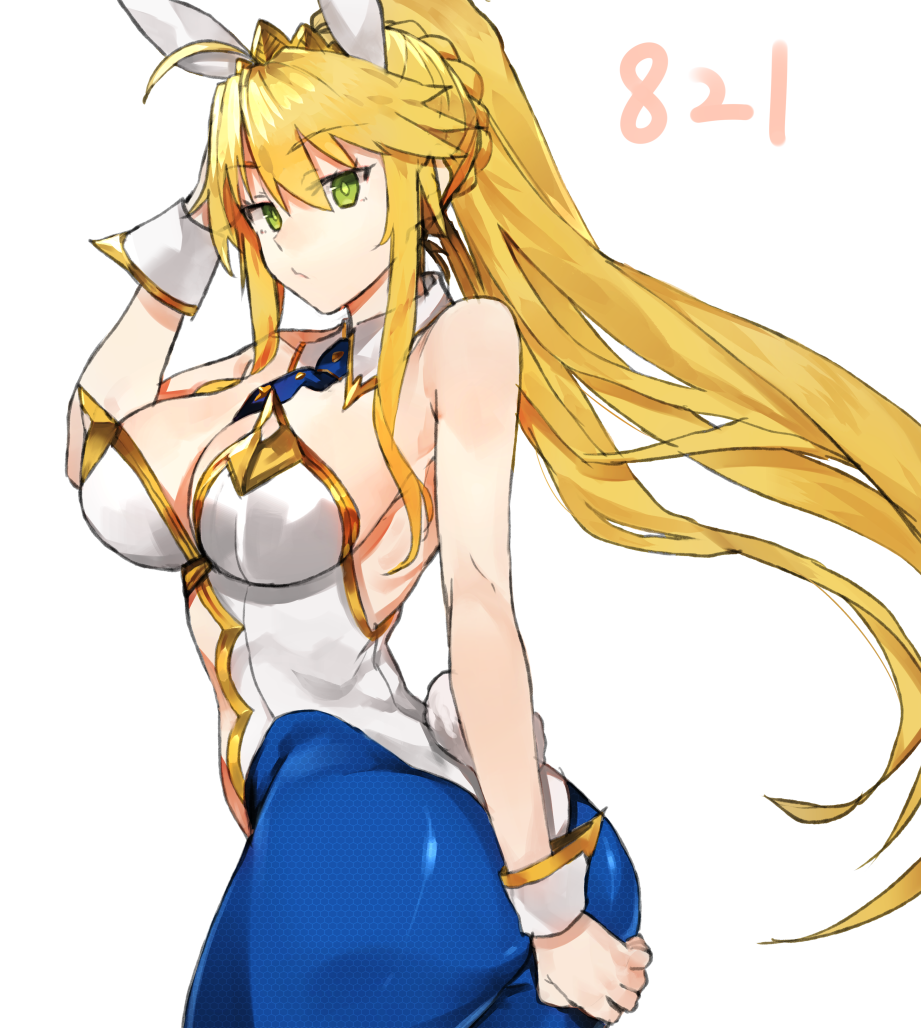 1girl ahoge animal_ears arm_up artoria_pendragon_(all) artoria_pendragon_(swimsuit_ruler)_(fate) ass bangs bare_arms bare_shoulders blonde_hair blue_legwear blue_neckwear braid breasts bunny_tail commentary_request cowboy_shot dated detached_collar eyebrows_visible_through_hair fake_animal_ears fake_tail fate/grand_order fate_(series) green_eyes hair_between_eyes kasuka_(kusuki) large_breasts long_hair looking_at_viewer necktie pantyhose ponytail rabbit_ears simple_background solo standing tail tiara twisted_torso very_long_hair white_background wrist_cuffs