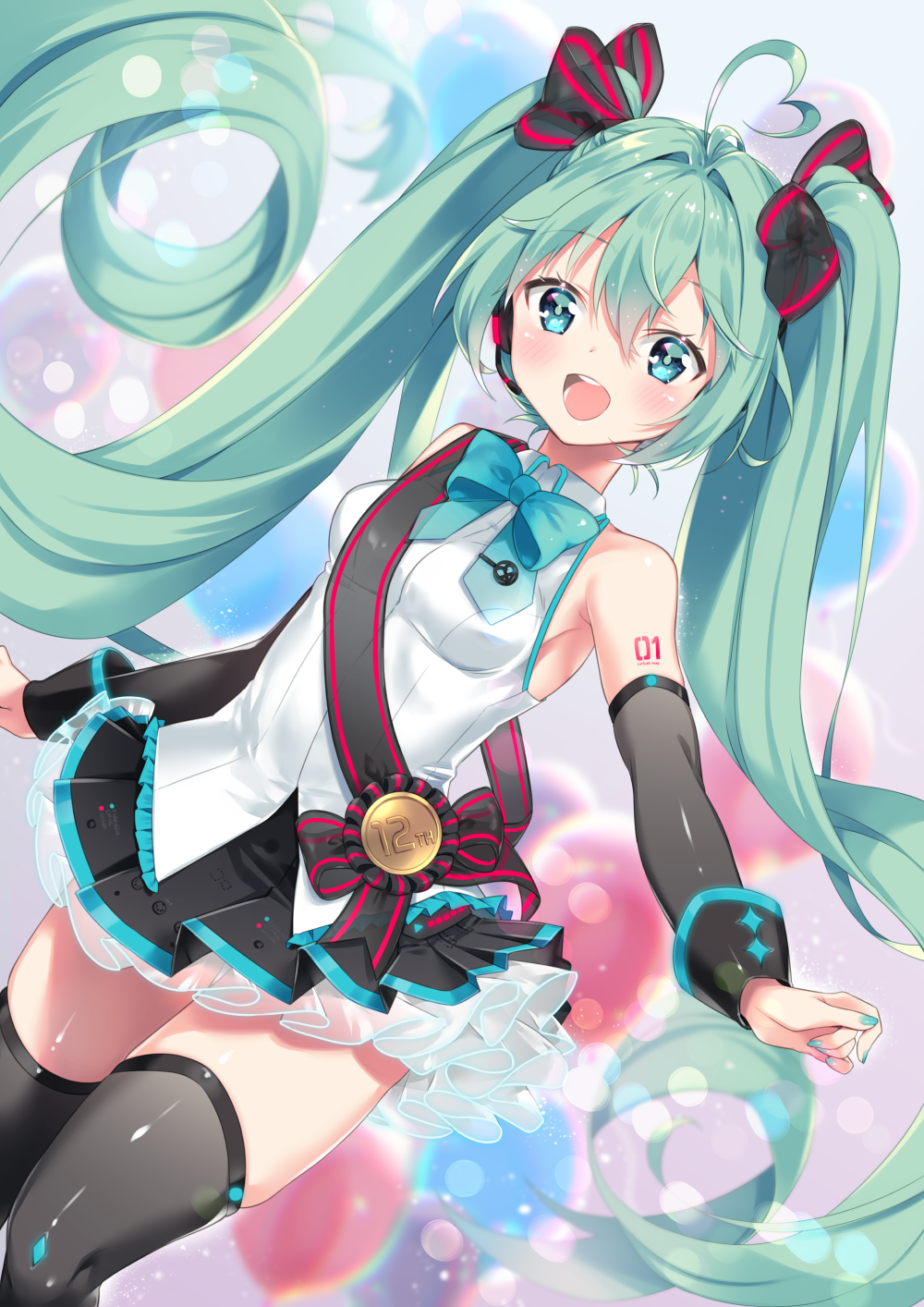 1girl ahoge arami_o_8 bare_shoulders black_legwear black_skirt black_sleeves bow bowtie breasts detached_sleeves green_eyes green_hair hair_between_eyes hatsune_miku heart_ahoge highres long_hair nail_polish number_tattoo open_mouth pleated_skirt skindentation skirt small_breasts solo tattoo thigh-highs twintails very_long_hair vocaloid