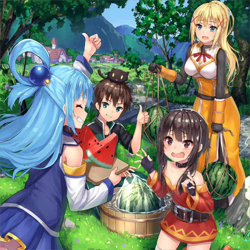 1boy 3girls aqua_(konosuba) black_hair blonde_hair blue_eyes blue_hair blush breasts cat chomusuke darkness_(konosuba) food fruit hair_ornament hair_rings hat holding holding_food holding_fruit kono_subarashii_sekai_ni_shukufuku_wo! large_breasts long_hair megumin multiple_girls open_mouth pensuke ponytail red_eyes satou_kazuma short_hair watermelon witch_hat