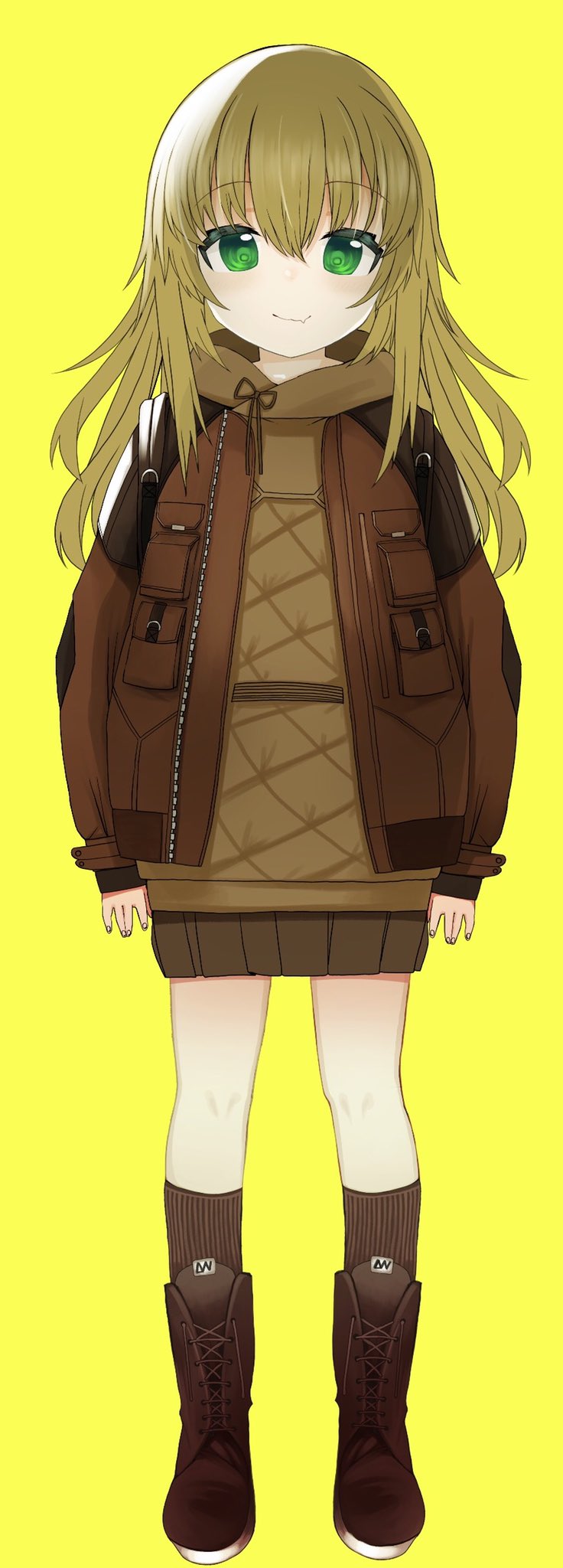 1girl bangs boots brown_footwear brown_hair brown_jacket brown_legwear brown_shirt brown_skirt closed_mouth commentary cross-laced_footwear eyebrows_visible_through_hair fang fang_out fingernails full_body green_eyes hair_between_eyes highres izuoku jacket kneehighs lace-up_boots long_hair long_sleeves open_clothes open_jacket original pleated_skirt shirt simple_background skirt sleeves_past_wrists smile solo standing striped striped_legwear vertical-striped_legwear vertical_stripes yellow_background
