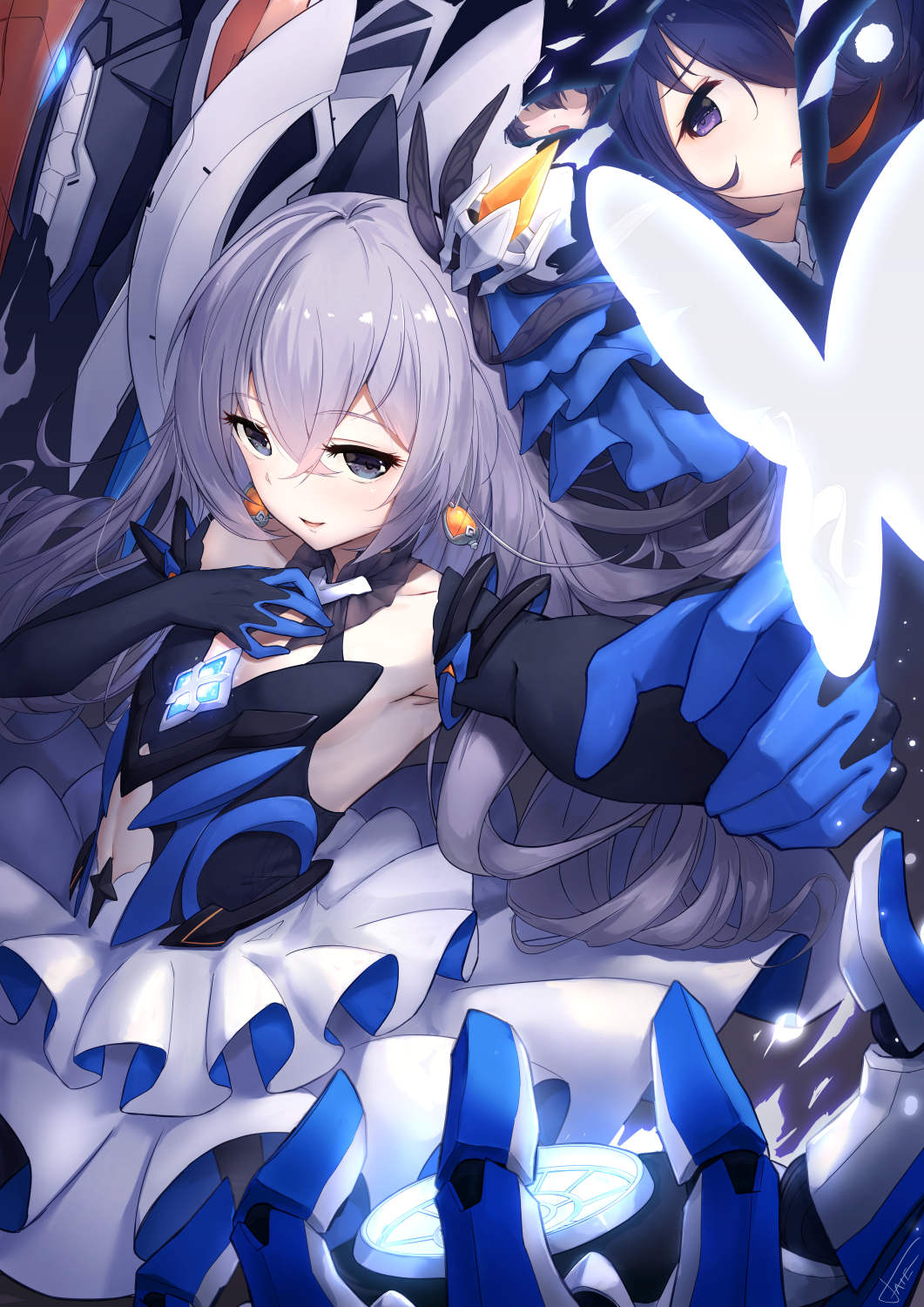 bangs bare_shoulders black_gloves blue_eyes blue_hair blush breasts bronya_zaychik bronya_zaychik_(herrscher_of_reason) bug butterfly center_opening crossed_bangs dress drill_hair earrings ekusufeito elbow_gloves gloves hair_between_eyes hair_ornament hand_up highres honkai_(series) honkai_impact_3rd insect jewelry layered_dress long_hair looking_at_viewer multiple_girls project_bunny quad_drills seele_vollerei short_hair silver_hair small_breasts