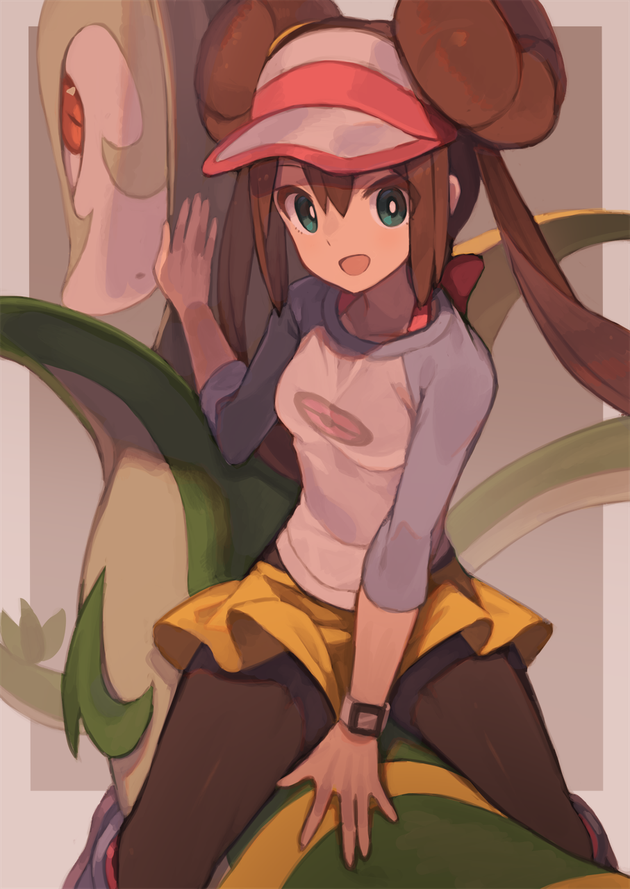 1girl black_legwear blue_eyes blush bow breasts brown_hair double_bun feet_out_of_frame gen_5_pokemon highres legwear_under_shorts long_hair looking_at_viewer medium_breasts mei_(pokemon) open_mouth pantyhose pink_bow pokemon pokemon_(creature) pokemon_(game) pokemon_bw2 pokemon_masters raglan_sleeves red_eyes riding serperior shorts simple_background smile solo tomioka_jirou twintails visor_cap wristband yellow_shorts