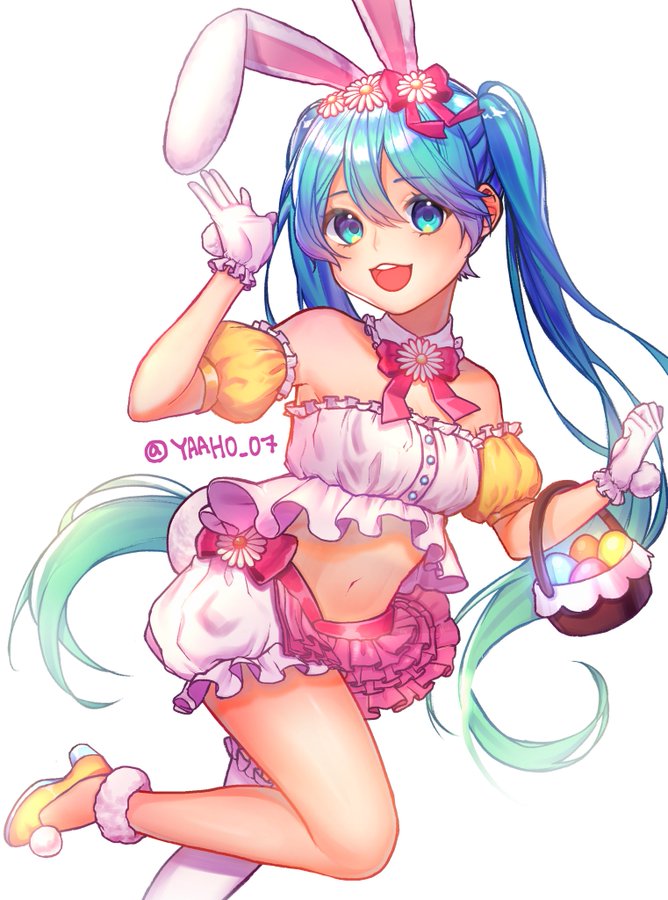 1girl animal_ears bare_shoulders basket blue_eyes blue_hair bow bowtie collar easter easter_egg egg flower gradient_hair green_hair hair_between_eyes hair_bow hair_flower hair_ornament hatsune_miku holding holding_basket long_hair looking_at_viewer midriff multicolored_hair navel open_mouth rabbit_ears simple_background single_thighhigh skirt solo thigh-highs toya_(sjadh) twintails twitter_username very_long_hair vocaloid white_background