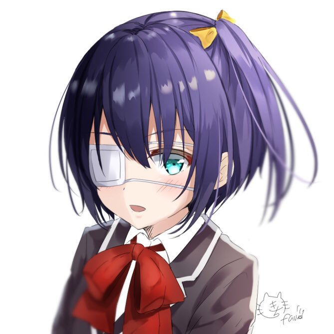 1girl bangs black_jacket blue_eyes blush chuunibyou_demo_koi_ga_shitai! commentary_request eyebrows_visible_through_hair jacket kichi_(kichifav) looking_at_viewer open_mouth purple_hair red_ribbon ribbon shirt side_ponytail signature simple_background solo takanashi_rikka white_background white_eyepatch white_shirt yellow_ribbon