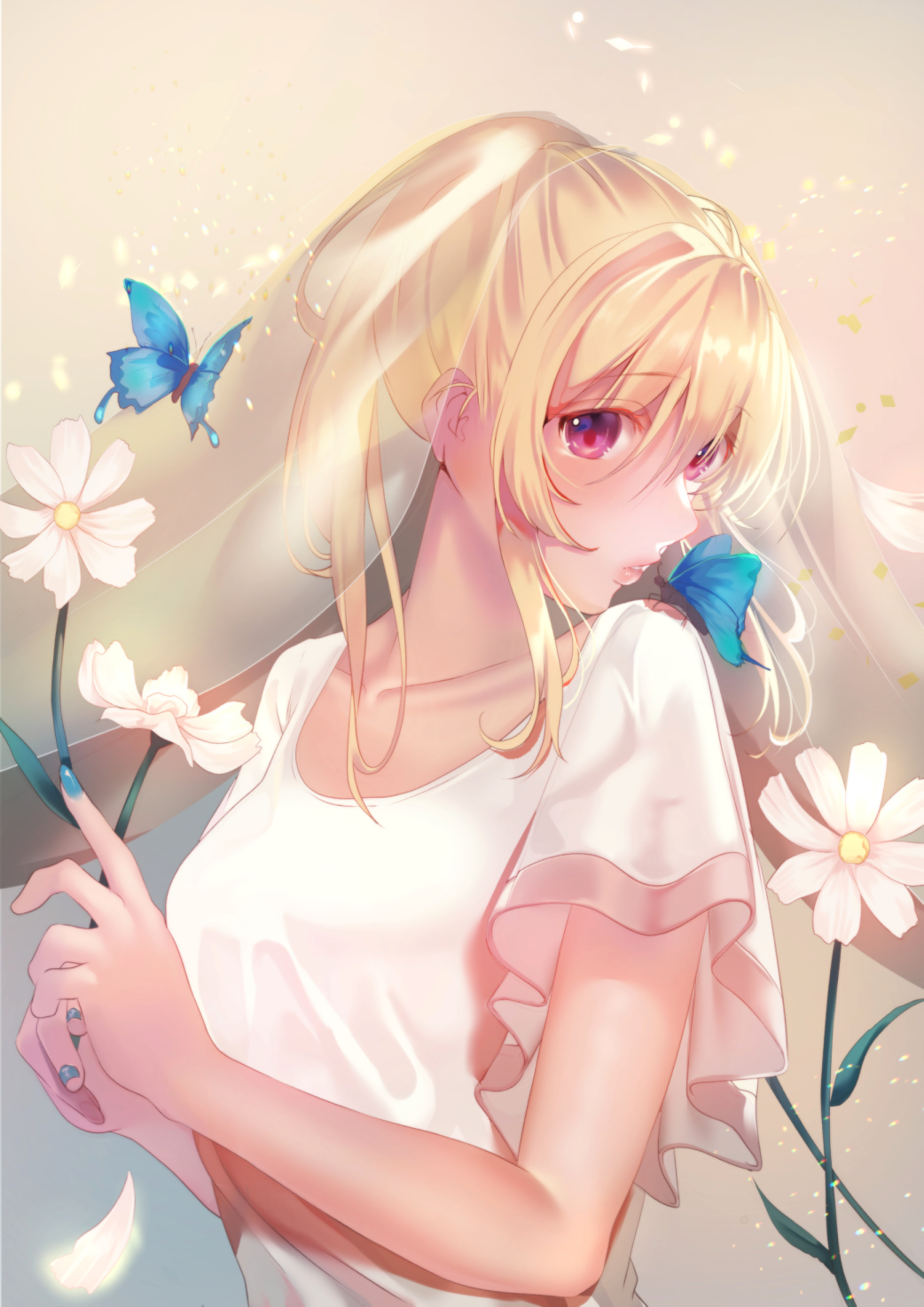 1girl blonde_hair blue_nails bug butterfly commentary_request dress eyebrows_visible_through_hair flower highres holding holding_flower insect inushima multicolored multicolored_background nail_polish original pink_lips ponytail red_eyes short_sleeves white_dress
