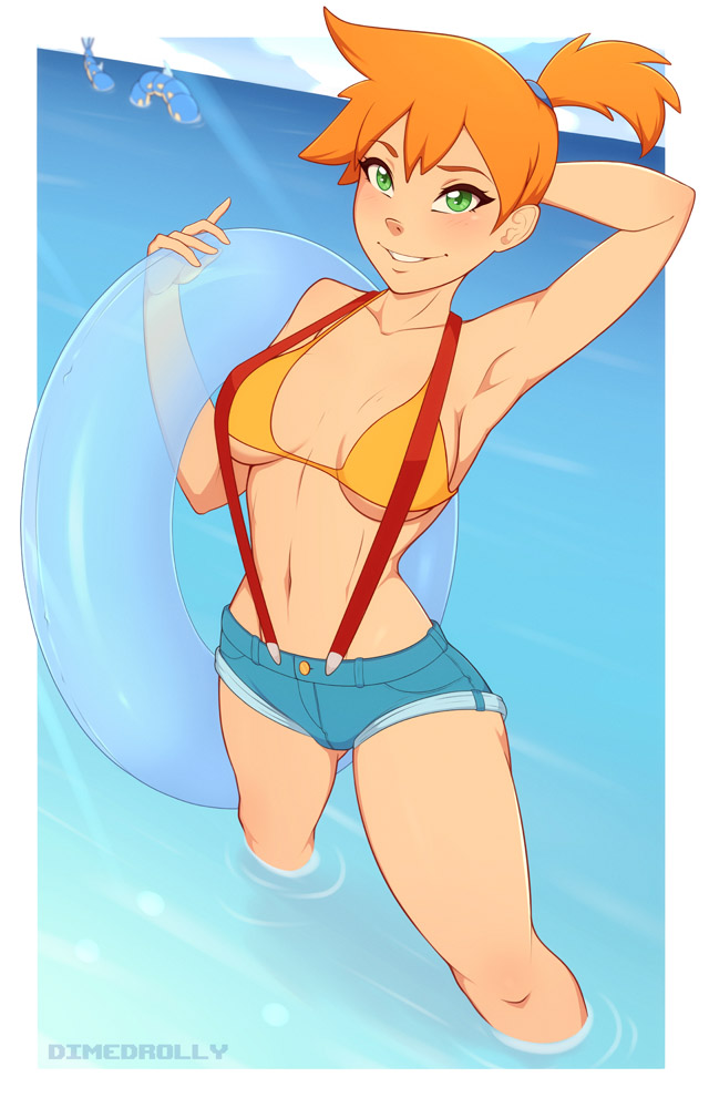 1girl arm_behind_head armpits artist_name blush breasts day denim denim_shorts dimedrolly from_above gen_1_pokemon green_eyes gyarados innertube kasumi_(pokemon) light_rays looking_at_viewer medium_breasts medium_hair navel ocean orange_bikini_top orange_hair parted_lips pokemon short_shorts shorts side_ponytail smile smirk solo strap_gap suspender_shorts suspenders wading