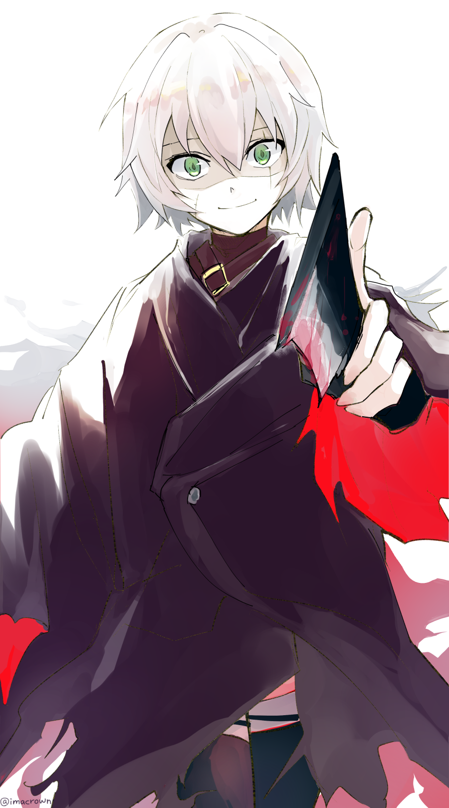 1girl akizuki_maku bandages black_jacket black_legwear commentary_request creepy_eyes evil_smile fate/apocrypha fate_(series) green_eyes hair_between_eyes highres holding holding_knife jack_the_ripper_(fate/apocrypha) jacket knife pale_skin scar scar_across_eye short_hair silver_hair simple_background smile solo thigh-highs white_hair