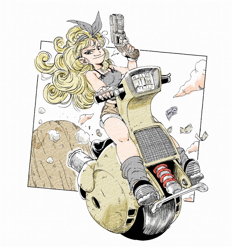 1girl artist_name bare_arms bare_legs bare_shoulders black_footwear blonde_hair breasts clouds cloudy_sky commentary_request curly_hair dragon_ball dragon_ball_(classic) dutch_angle eyelashes fenyon finger_on_trigger fingernails floating_hair full_body grey_hairband grin ground_vehicle gun hairband holding holding_gun holding_weapon looking_back lunch_(dragon_ball) medium_breasts money motor_vehicle motorcycle mountain outdoors outside_border riding short_shorts shorts simple_background sky smile smoke socks solo tank_top v-shaped_eyebrows weapon white_background