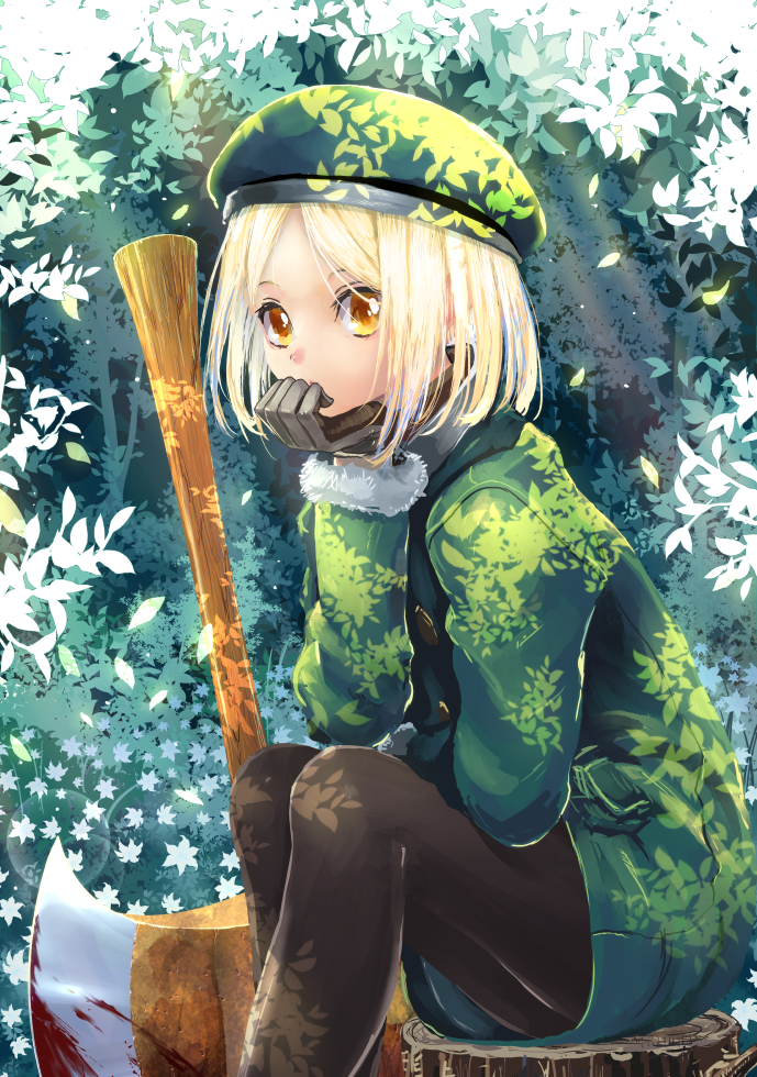 1girl axe bangs beret black_legwear blonde_hair blood brown_eyes commentary_request fate/grand_order fate_(series) feet_out_of_frame flower gloves green_headwear green_jacket grey_gloves hat jacket kabutoyama looking_at_viewer pantyhose parted_bangs paul_bunyan_(fate/grand_order) sitting solo tree tree_stump white_flower
