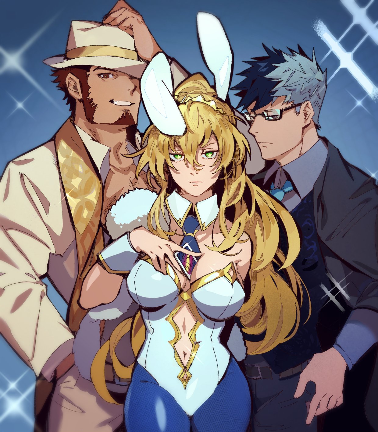 1girl 2boys animal_ears artoria_pendragon_(all) artoria_pendragon_(swimsuit_ruler)_(fate) beard blue_eyes brown_hair chest facial_hair fate/grand_order fate_(series) glasses hand_on_headwear hands_in_pockets hat highres idk-kun long_sleeves looking_at_viewer multicolored_hair multiple_boys muscle napoleon_bonaparte_(fate/grand_order) navel one_eye_covered pectorals rabbit_ears scarf sigurd_(fate/grand_order) simple_background smile