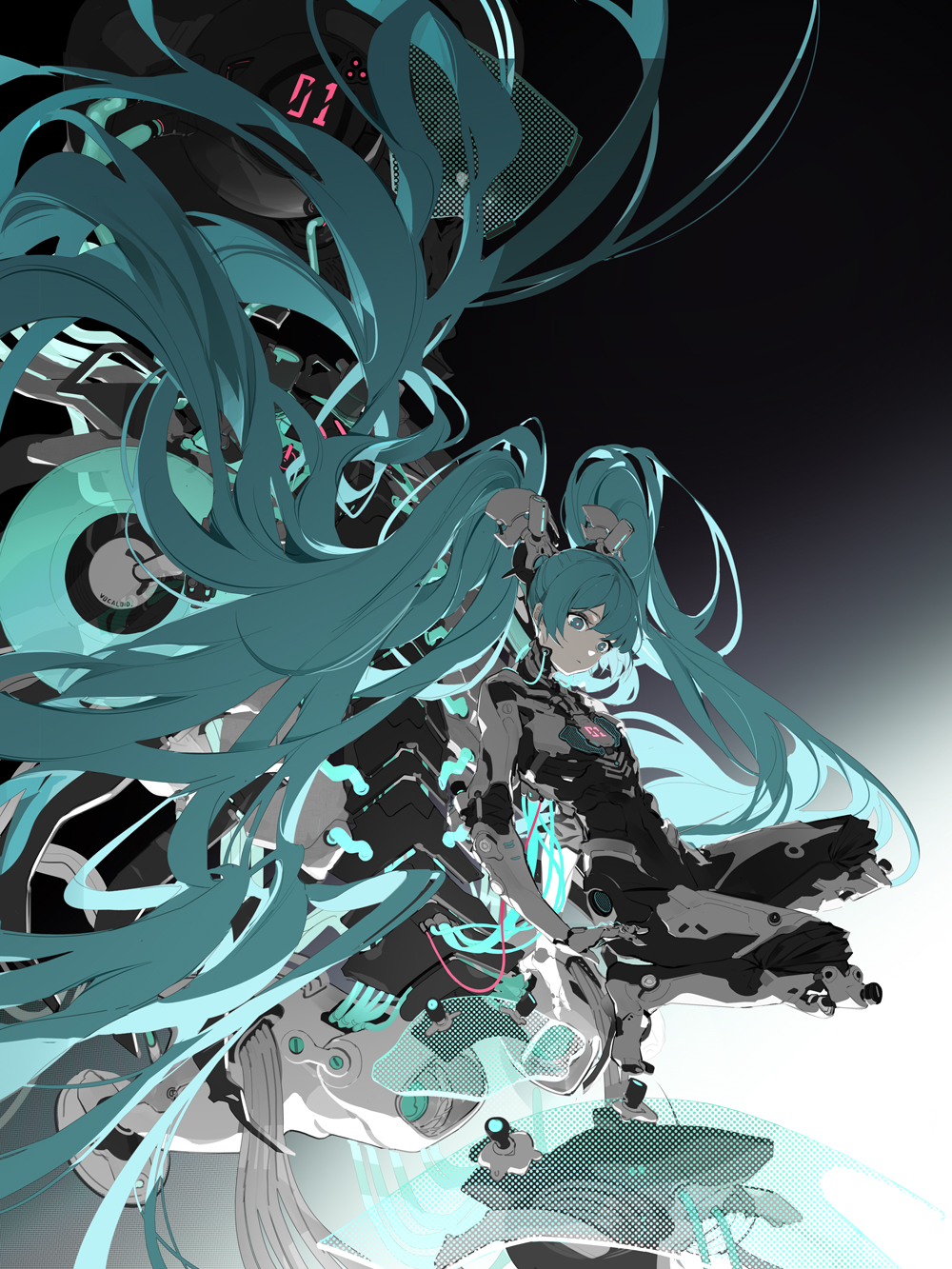 1girl absurdly_long_hair bangs black_background black_bodysuit bodysuit closed_mouth copyright_name floating_hair gradient gradient_background green_eyes green_hair grey_background hair_between_eyes hatsune_miku headgear highres long_hair looking_away nine_(liuyuhao1992) solo squatting tiptoes transparent twintails very_long_hair vocaloid white_background