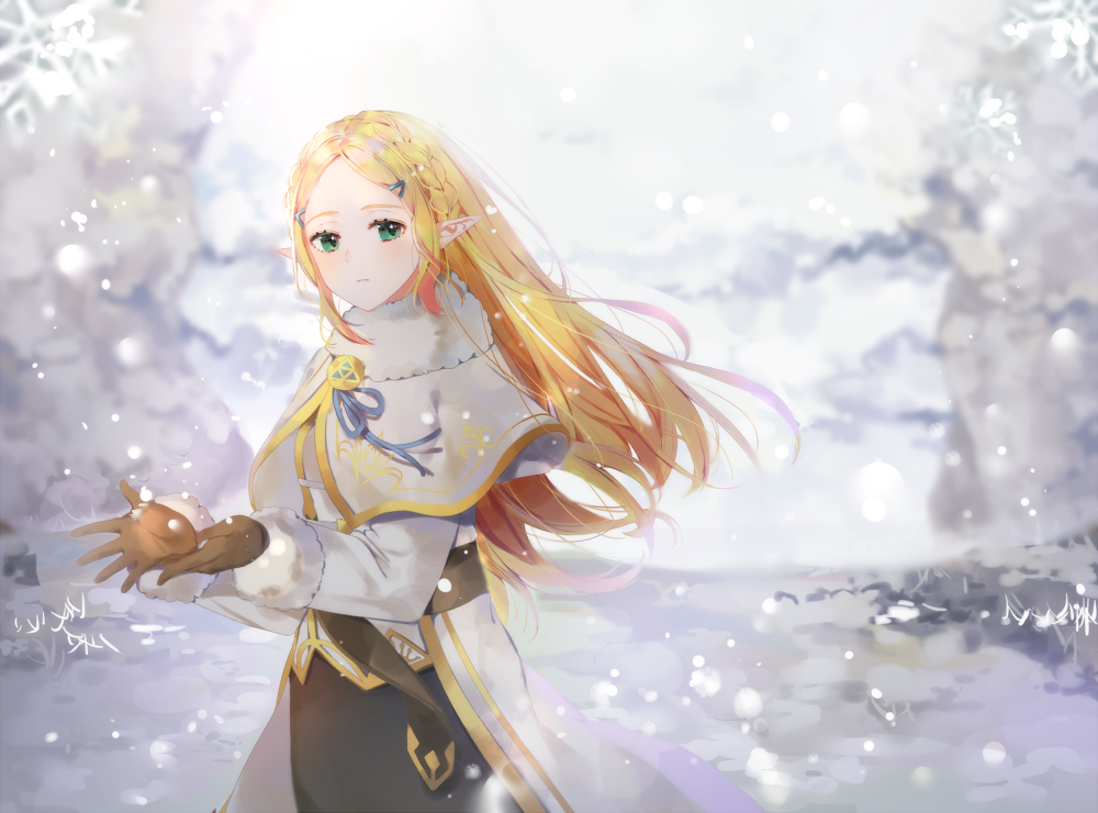 1girl bangs blonde_hair blue_ribbon braid brown_gloves closed_mouth gloves green_eyes hair_ornament hairclip long_hair long_sleeves looking_at_viewer parted_bangs pointy_ears princess_zelda ribbon sidelocks snow snowflakes solo standing the_legend_of_zelda the_legend_of_zelda:_breath_of_the_wild triforce winter winter_clothes