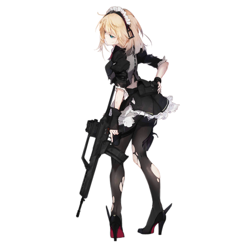1girl apron arm_behind_back assault_rifle bag bangs black_footwear black_gloves black_legwear blonde_hair blue_eyes braid breastplate breasts character_name collared_shirt cropped_jacket dirty fingerless_gloves french_braid from_side full_body g36_(girls_frontline) girls_frontline gloves gun h&amp;k_g36 heckler_&amp;_koch high_heels holding injury juliet_sleeves long_sleeves looking_afar maid maid_apron maid_headdress medium_breasts medium_hair midriff mod3_(girls_frontline) neck_ribbon official_art pantyhose puffy_sleeves red_ribbon ribbon rifle shirt shuzi sidelocks skirt sleeve_cuffs sleeves_folded_up solo thigh_strap thighband_pantyhose torn_clothes torn_legwear transparent_background trigger_discipline tsurime waist_apron weapon wing_collar