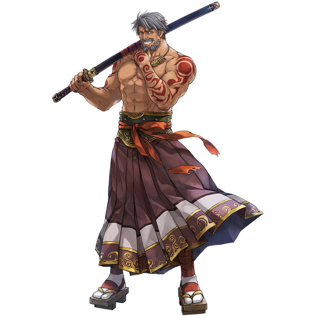 1boy abs adray_lasbard bandages beard dark_skin facial_hair full_body grey_hair japanese_clothes jewelry katana male_focus navel necklace official_art red_eyes sandals shirtless socks solo star_ocean star_ocean_anamnesis star_ocean_till_the_end_of_time sword teeth transparent_background weapon