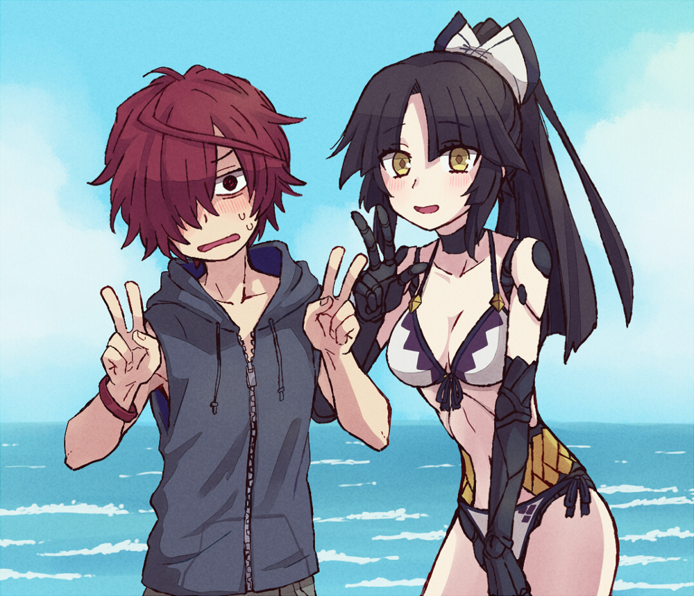 1boy 1girl bikini black_hair blush breasts double_v fate/grand_order fate_(series) fuuma_kotarou_(fate/grand_order) hair_over_one_eye hood hoodie katou_danzou_(fate/grand_order) medium_breasts ponytail red_eyes redhead shiwo_(siwosi) sleeveless sleeveless_hoodie swimsuit v wristband yellow_eyes