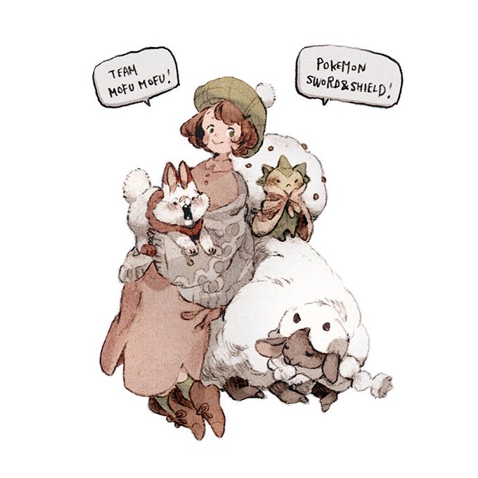 1girl beanie brown_hair cotton eldegoss female_protagonist_(pokemon_swsh) hoimiii holding_pokemon long_skirt rabbit scorbunny sheep short_hair simple_background white_background wooloo