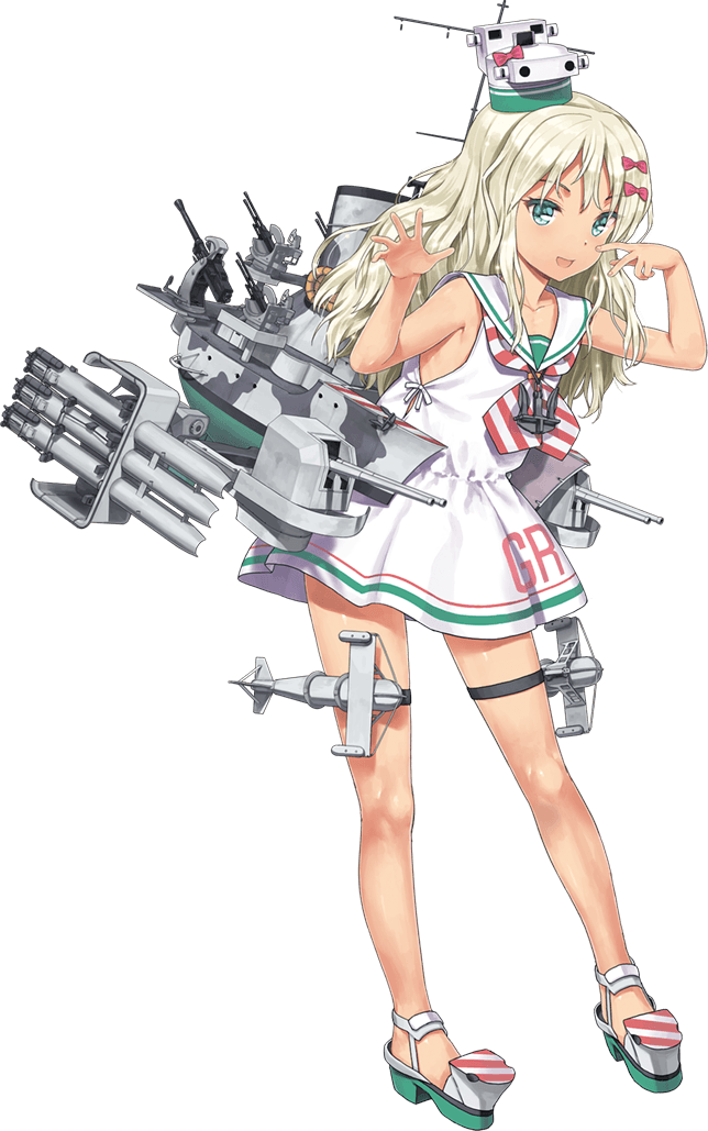 1girl antiaircraft_weapon blonde_hair dress eyebrows_visible_through_hair grecale_(kantai_collection) green_eyes hair_ornament hair_ribbon jiji kantai_collection long_hair looking_at_viewer machinery official_art open_mouth ribbon sailor_dress sandals sleeveless sleeveless_dress smile solo tan torpedo torpedo_launcher torpedo_tubes white_dress