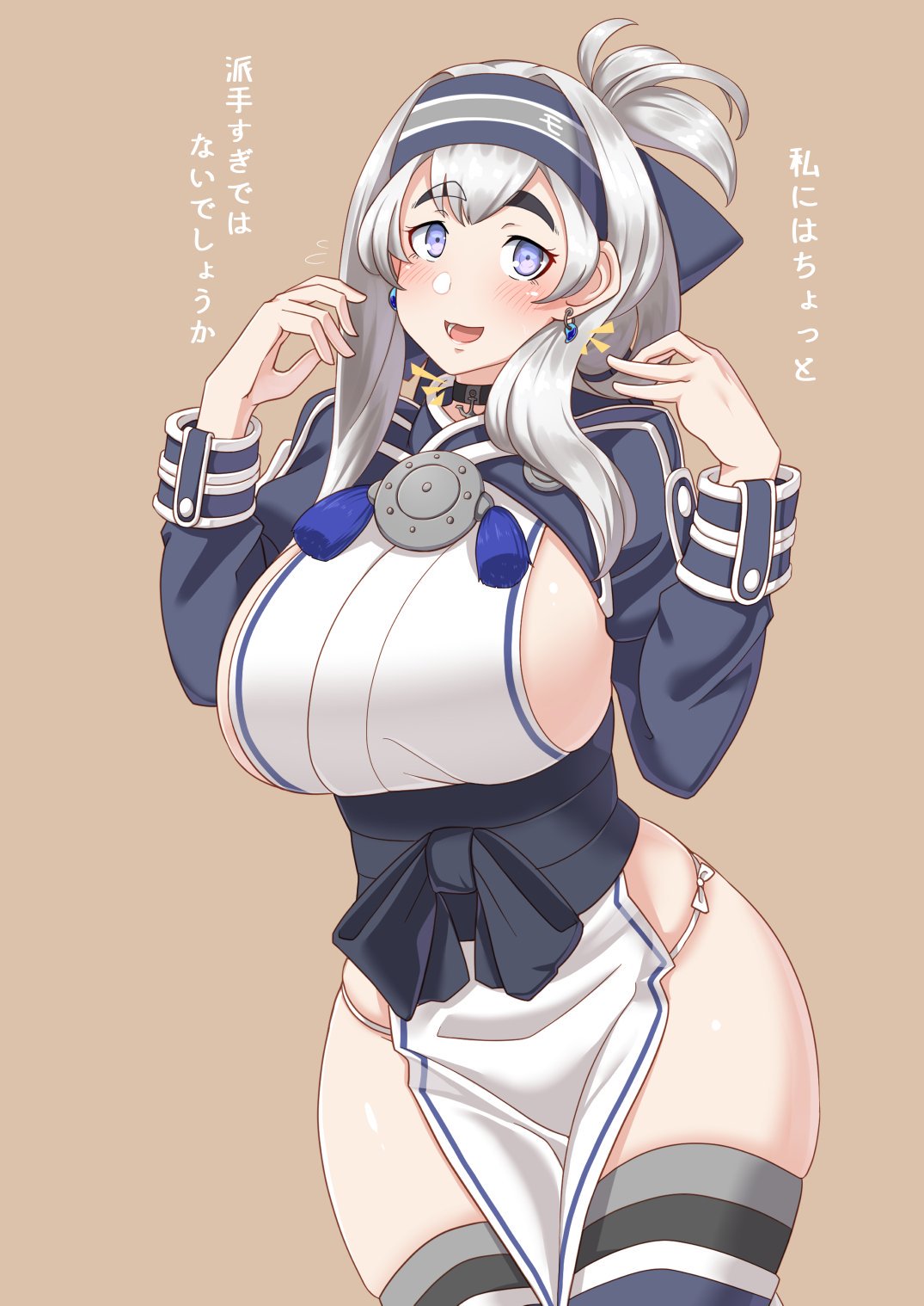 1girl ainu_clothes bandana blue_eyes blue_jacket boots breasts brown_background commentary_request cowboy_shot cropped_jacket dress earrings folded_ponytail hair_between_eyes headband highres huge_breasts jacket jewelry kamoi_(kantai_collection) kantai_collection long_sleeves pelvic_curtain ryuun_(stiil) sideboob sidelocks silver_hair simple_background sleeveless sleeveless_dress solo thick_eyebrows thigh-highs thigh_boots translation_request white_dress wrist_guards