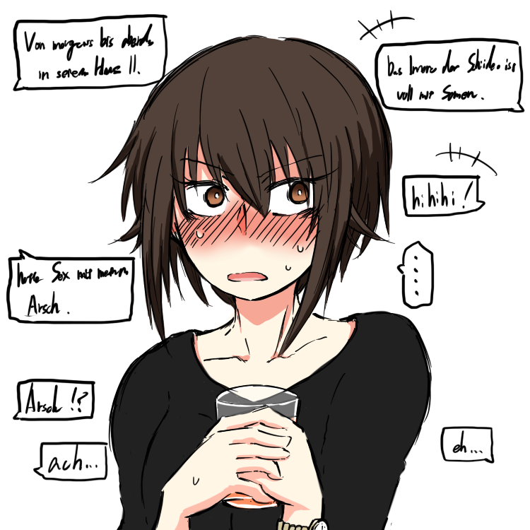 +++ ... 1girl bangs black_shirt blush brown_eyes brown_hair casual cup drinking_glass eyebrows_visible_through_hair german_text girls_und_panzer hands_together holding holding_cup interlocked_fingers looking_to_the_side nishizumi_maho noumen older open_mouth shirt short_hair short_sleeves simple_background solo spoken_ellipsis sweat sweatdrop translation_request upper_body watch watch white_background