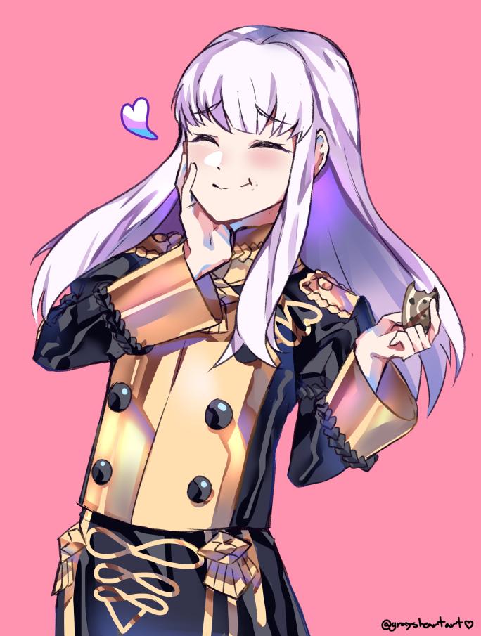 1girl closed_eyes closed_mouth cookie eating epaulettes fire_emblem fire_emblem:_three_houses food graysheartart heart holding long_hair long_sleeves lysithea_von_ordelia pink_background simple_background solo twitter_username uniform upper_body white_hair