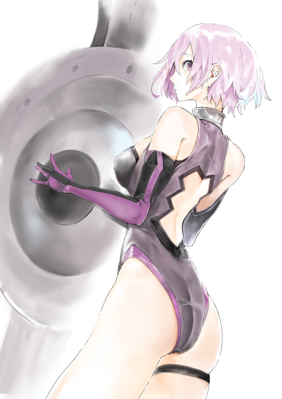 1girl ass back_cutout breasts elbow_gloves fate/grand_order fate_(series) from_side gloves grey_leotard hair_between_eyes harutask highres leotard looking_at_viewer looking_to_the_side mash_kyrielight medium_breasts pink_hair profile shield shiny shiny_clothes shiny_hair short_hair sideboob simple_background sketch solo thigh_strap violet_eyes white_background