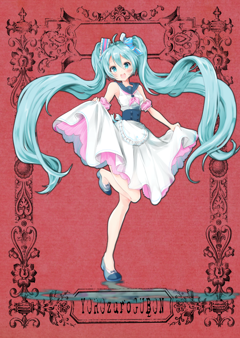 1girl ahoge aqua_eyes aqua_hair blush dress floating_hair full_body hair_between_eyes hatsune_miku highres long_hair looking_at_viewer open_mouth red_background ronsyoro_(twitter) sailor_dress shoes skirt_hold solo standing standing_on_one_leg twintails very_long_hair vocaloid white_dress