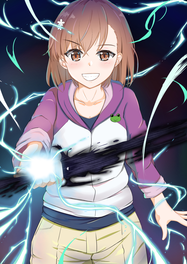 1girl 3535mb blush commentary_request electricity flower gekota grin hair_flower hair_ornament holding holding_sword holding_weapon hood hoodie looking_at_viewer magnetism medium_hair metal misaka_mikoto smile solo sword to_aru_kagaku_no_railgun to_aru_majutsu_no_index weapon