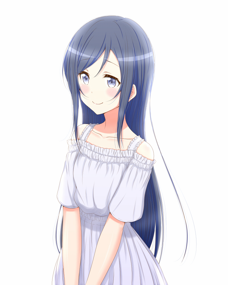 1girl aragaki_ayase bangs black_hair blue_eyes closed_mouth collarbone dress hair_between_eyes long_hair ore_no_imouto_ga_konna_ni_kawaii_wake_ga_nai roaru_(gyuren) shiny shiny_hair short_sleeves simple_background smile solo standing straight_hair sundress swept_bangs very_long_hair white_background white_dress