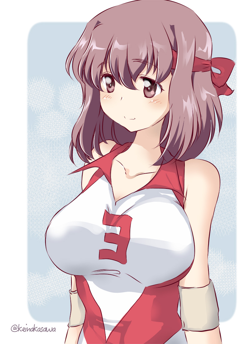 1girl bangs breasts brown_eyes brown_hair closed_mouth elbow_pads eyebrows_visible_through_hair girls_und_panzer headband kondou_taeko large_breasts light_blush looking_to_the_side medium_hair nakasawa_kei outside_border red_headband red_shirt shirt sleeveless sleeveless_shirt smile solo sportswear standing twitter_username upper_body volleyball_uniform