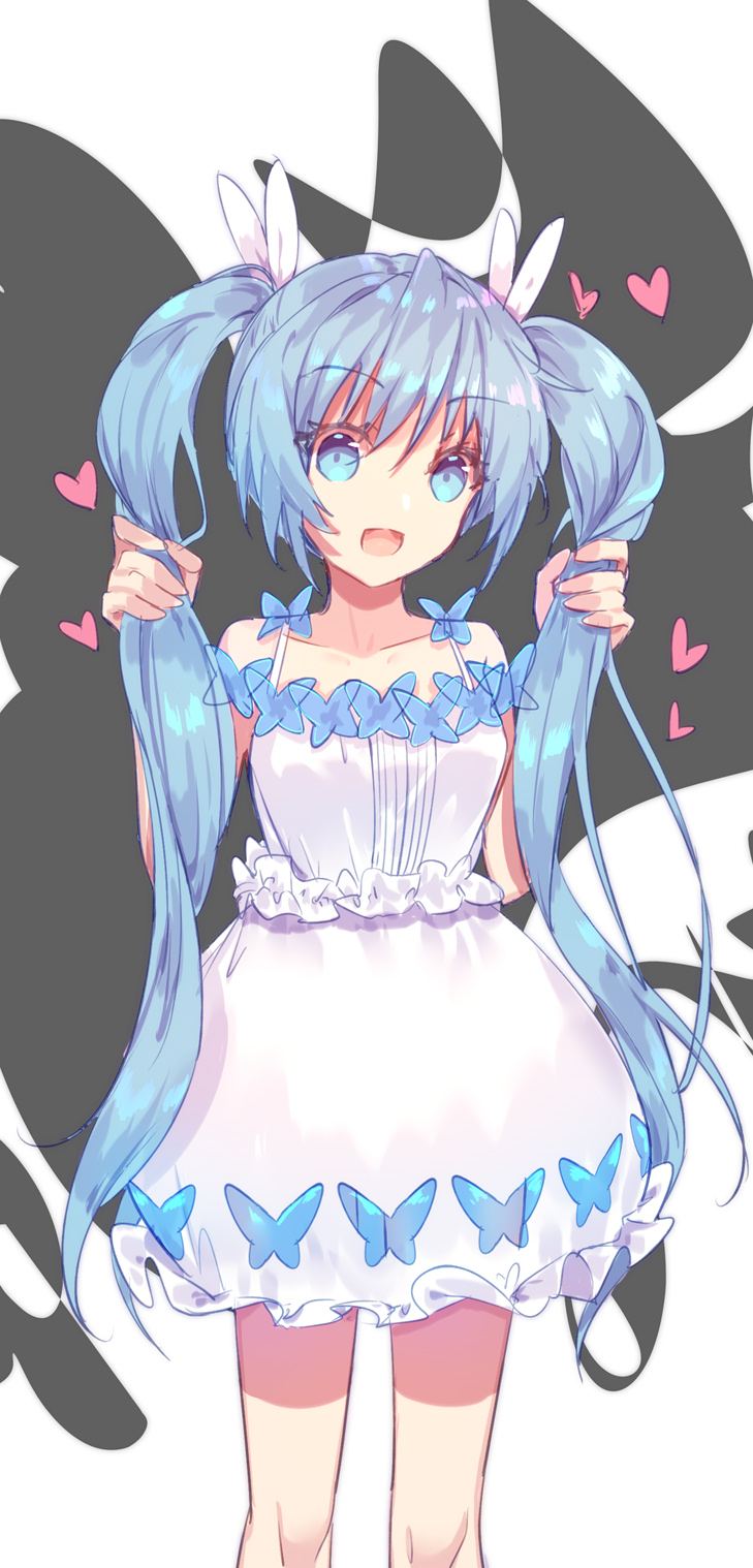 1girl :d bangs bare_arms bare_shoulders black_ribbon blue_eyes blue_hair breasts bug butterfly collarbone dress eyebrows_visible_through_hair hair_between_eyes hair_ribbon hands_up hatsune_miku heart highres holding holding_hair insect long_hair mo_(pixiv9929995) open_mouth ribbon sidelocks sleeveless sleeveless_dress small_breasts smile solo twintails very_long_hair vocaloid white_dress