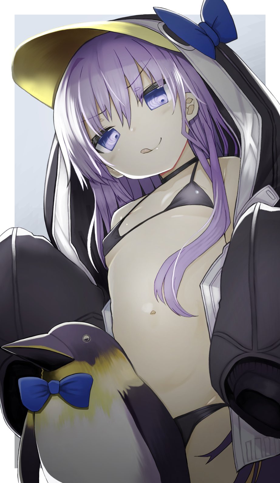 1girl :q animal animal_hood bangs bikini bikini_under_clothes bird black_bikini black_choker black_jacket blue_bow blue_neckwear bow bowtie breasts choker closed_mouth commentary_request eyebrows_visible_through_hair fate/grand_order fate_(series) grey_background hair_between_eyes highres hood hood_up hooded_jacket izuoku jacket long_hair long_sleeves looking_at_viewer meltryllis meltryllis_(swimsuit_lancer)_(fate) open_clothes open_jacket penguin penguin_hood purple_hair sleeves_past_fingers sleeves_past_wrists small_breasts smile solo swimsuit tongue tongue_out two-tone_background violet_eyes white_background