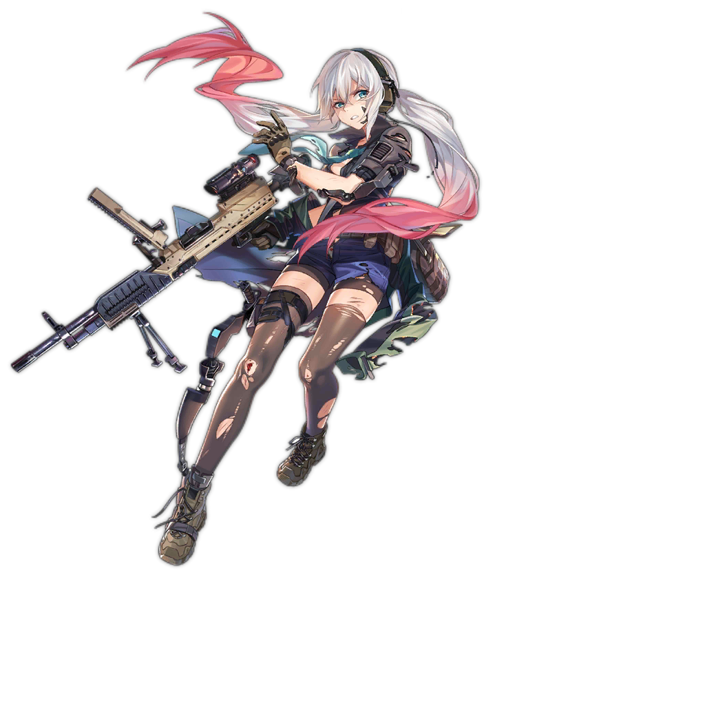 1girl ammunition_belt angry aqua_neckwear bag belt bipod black_legwear bleeding blood blue_eyes blue_shirt boots brown_legwear character_name clothes_around_waist combat_boots cross-laced_footwear damaged exoskeleton floating_hair full_body general_dynamics_lwmmg girls_frontline gloves grey_hair gun hair_between_eyes half-closed_eyes headphones headset high_collar holding holding_gun holding_weapon holster injury jacket jacket_around_waist lace-up_boots looking_at_viewer lwmmg_(girls_frontline) mod3_(girls_frontline) multicolored_hair necktie off_shoulder official_art pink_hair radio rff_(3_percent) scope shaded_face shirt short_shorts shorts single_knee_pad sleeves_folded_up solo strap thigh-highs thigh_strap torn_clothes trigger_discipline twintails weapon
