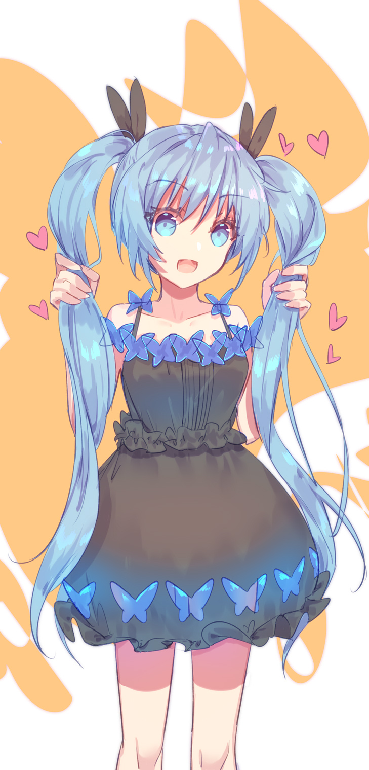 1girl :d bangs bare_arms bare_shoulders black_dress black_ribbon blue_eyes blue_hair breasts bug butterfly collarbone commentary dress eyebrows_visible_through_hair hair_between_eyes hair_ribbon hands_up hatsune_miku heart highres holding holding_hair insect long_hair mo_(pixiv9929995) open_mouth ribbon sidelocks sleeveless sleeveless_dress small_breasts smile solo twintails very_long_hair vocaloid