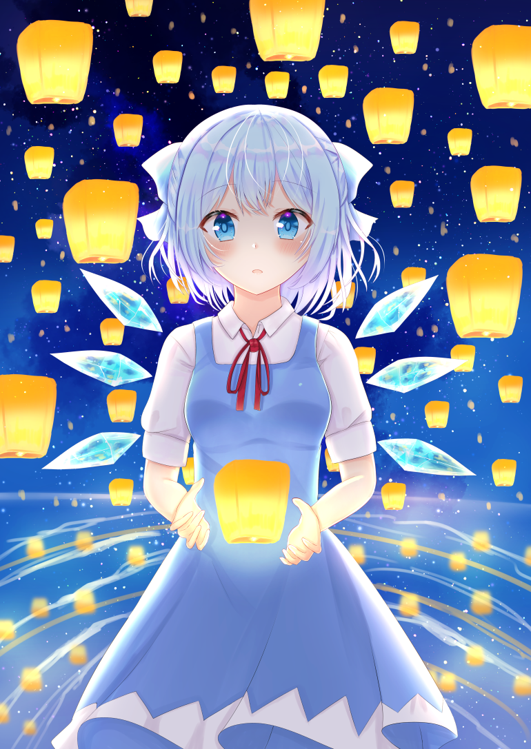 1girl arms_up blue_dress blue_eyes blue_hair blush bow breasts cirno commentary cowboy_shot dress eyebrows_visible_through_hair gradient_sky hair_bow horizon lantern light_particles looking_at_viewer neck_ribbon nibosisuzu night night_sky open_mouth paper_lantern parted_lips pinafore_dress red_neckwear reflection ribbon ripples shirt short_hair short_sleeves sky sleeve_cuffs small_breasts solo standing touhou water white_shirt wings