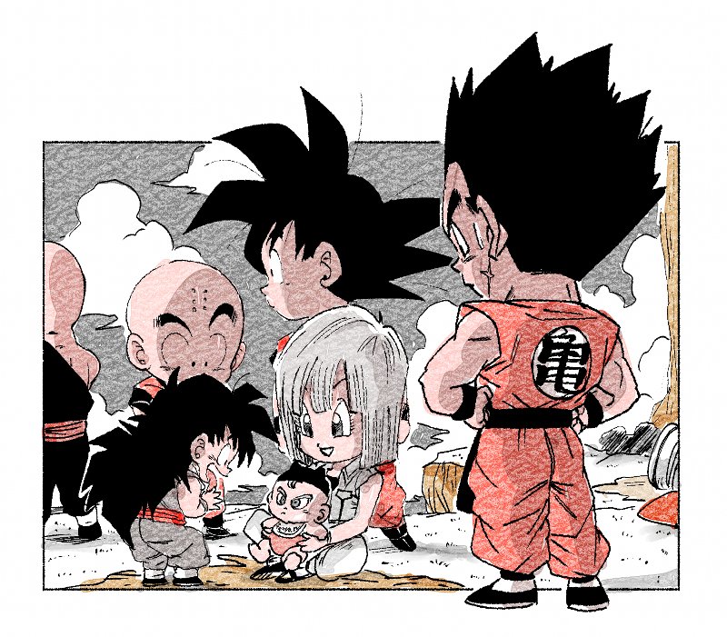 1girl 5boys :p baby bald black_eyes black_hair black_headwear bulma chibi clenched_hands clothes_writing clouds cloudy_sky commentary_request crossed_legs dougi dragon_ball dragon_ball_z expressionless facial_scar facing_away father_and_son fenyon frown full_body grass hands_on_hips hat holding holding_baby kuririn looking_at_another mother_and_son multiple_boys nervous open_mouth outdoors outside_border profile scar scar_on_cheek serious sitting sky son_gohan son_gokuu spiky_hair straight_hair sweatdrop tenshinhan tongue tongue_out trunks_(dragon_ball) wristband yamcha