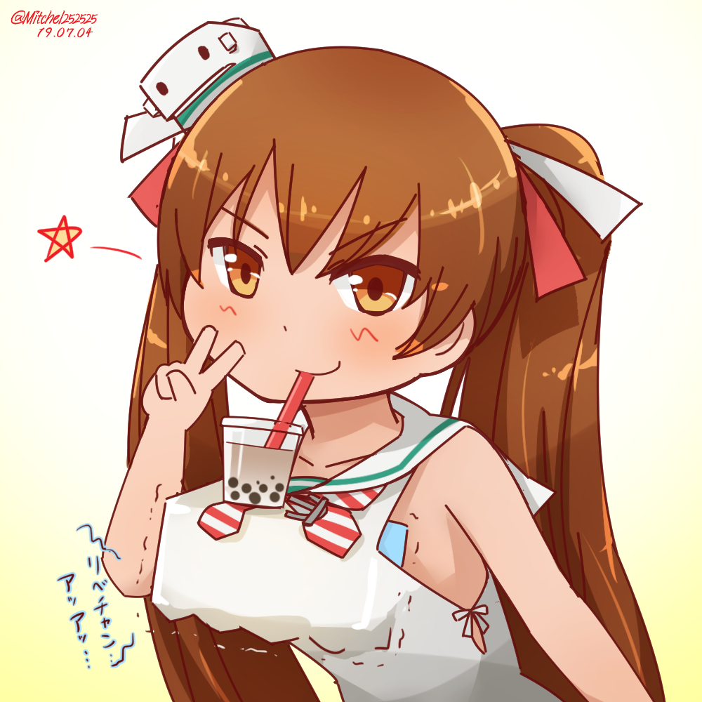 1girl bare_shoulders brown_eyes brown_hair bubble_tea_challenge cup hair_ribbon hat kantai_collection libeccio_(kantai_collection) long_hair looking_at_viewer miccheru neckerchief no_bra ribbon smirk solo star translation_request trembling twintails v