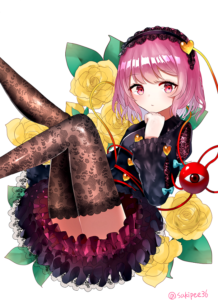 1girl alternate_costume alternate_legwear arm_up bangs black_legwear black_shirt commentary expressionless eyebrows_visible_through_hair feet_out_of_frame floral_background flower frilled_skirt frills hair_ornament hairband hand_on_own_chin head_rest heart heart_hair_ornament knees_up komeiji_satori lace lace-trimmed_hairband lace-trimmed_skirt lace_legwear layered_skirt leg_lift lolita_hairband looking_at_viewer petticoat pink_eyes pink_hair reclining rose sakipsakip shirt short_hair skirt solo thigh-highs third_eye touhou twitter_username yellow_flower yellow_rose