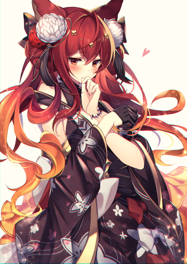 1girl animal_ears anthuria bangs bare_shoulders black_gloves black_kimono blush bracelt breasts covered_mouth cowboy_shot detached_sleeves erune flower gloves granblue_fantasy hair_between_eyes hair_flower hair_ornament homaderi japanese_clothes kimono large_breasts long_hair looking_at_viewer red_eyes redhead sidelocks single_half_glove solo