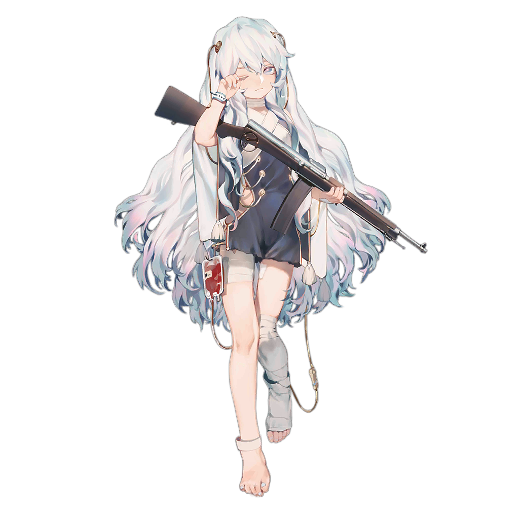 1girl assault_rifle bandages barefoot blue_eyes dress girls_frontline gun intravenous_drip no_shoes official_art rei_(sanbonzakura) ribeyrolles_1918 ribeyrolles_1918_(girls_frontline) rifle rubbing_eyes short_dress transparent_background weapon white_hair